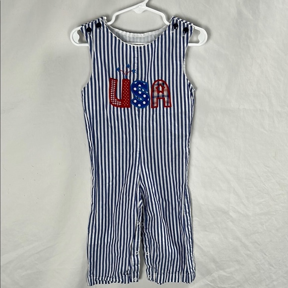 Lil Cactus Blue and White Striped USA Patriotic Applique Jumpsuit -Size 18-24m - Picture 1 of 5